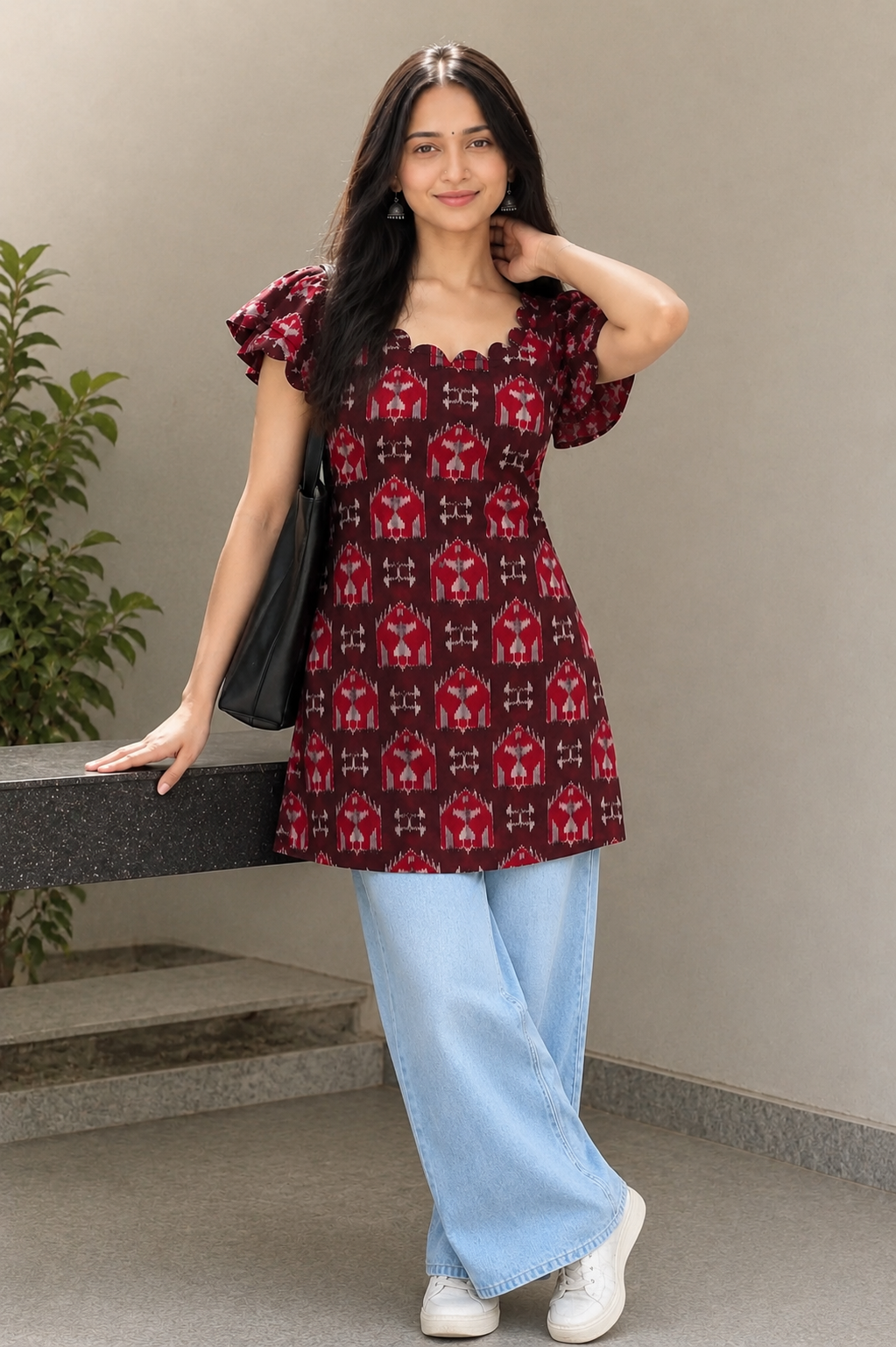 Maroon Sambalpuri Kurti with Scallop Neck & Petal Sleeves