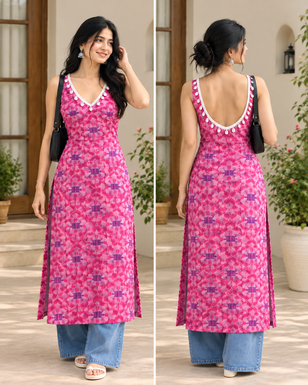 PINK SHELL-TRIM LONG DRESS