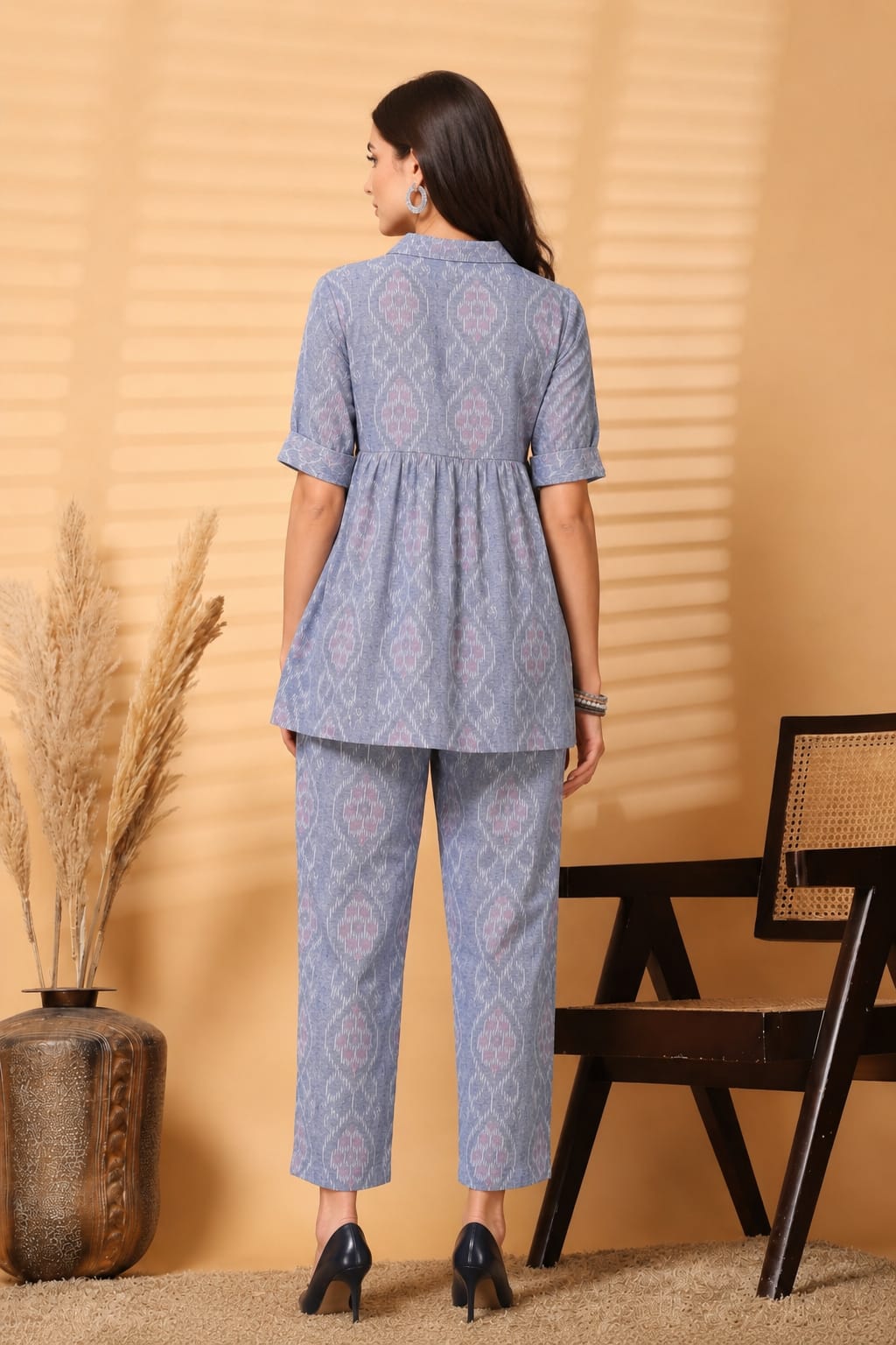 Collared Babydoll Tunic Top with Straight Pants Ethnic Co-Ord Set