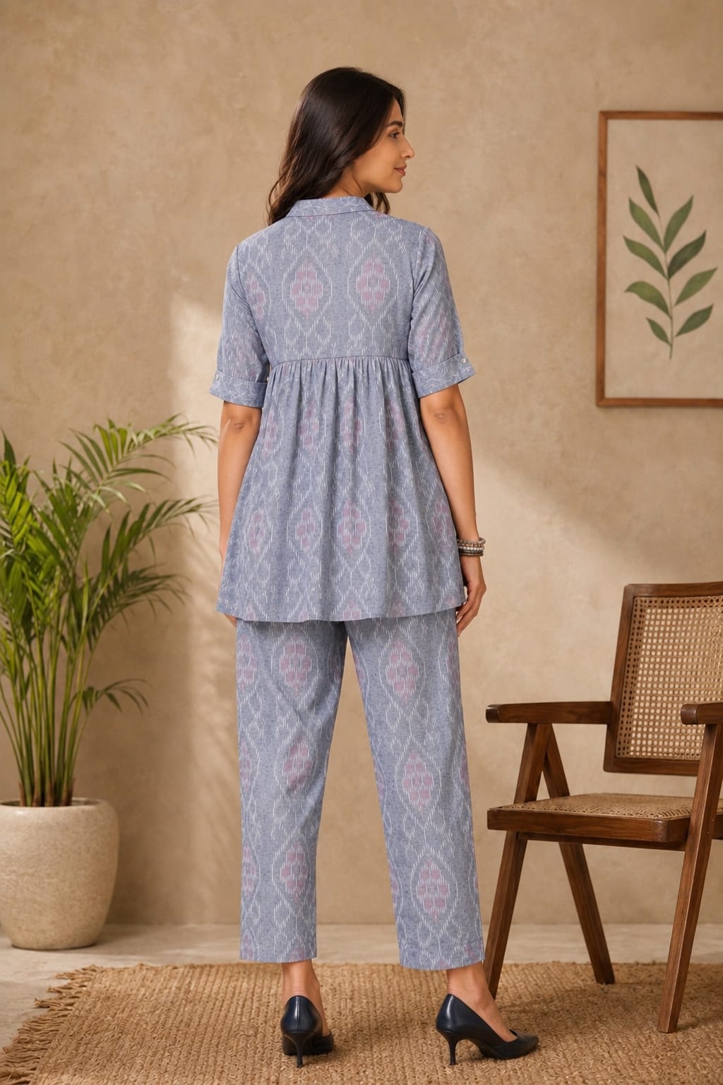 Collared Babydoll Tunic Top with Straight Pants Ethnic Co-Ord Set