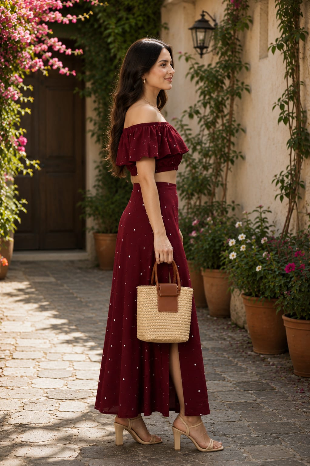 Pari Burgundy Polka-Dot Ruffle Crop Set