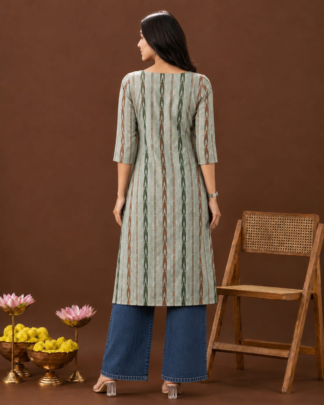 Olive Ikat Stripe A-Line Kurti