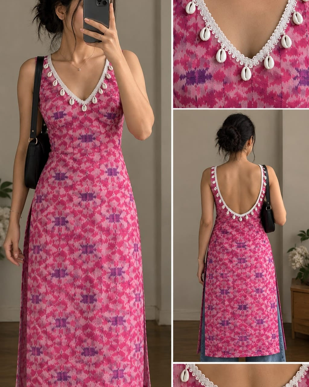 PINK SHELL-TRIM LONG DRESS