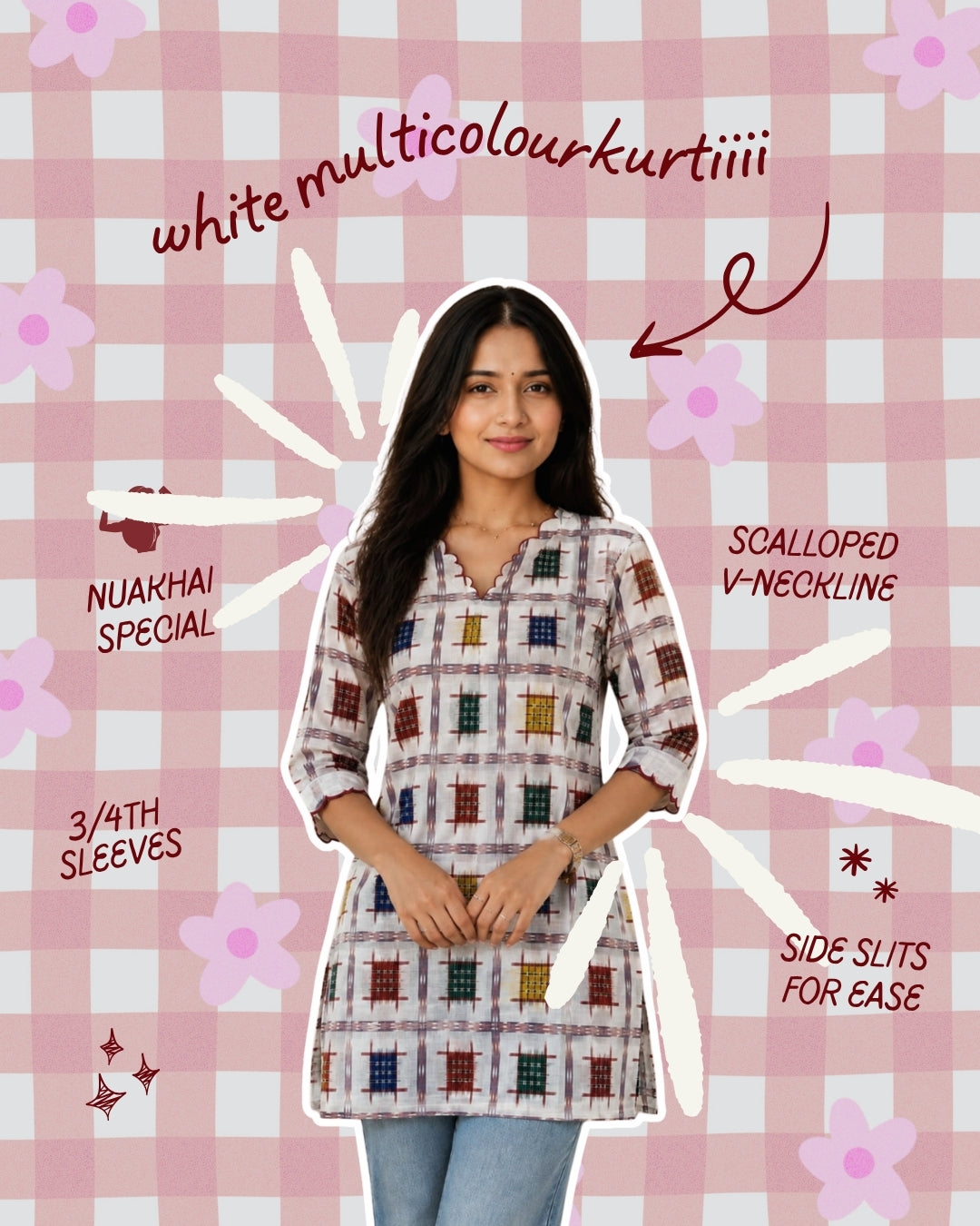 WHITE MULTICOLOUR STRAIGHT KURTI